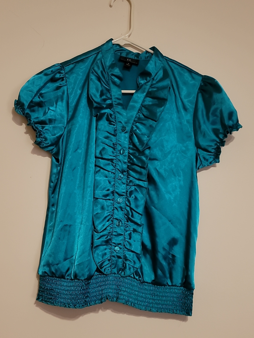 Byer IZ California Aqua Satin Ruffle-Front Blouse